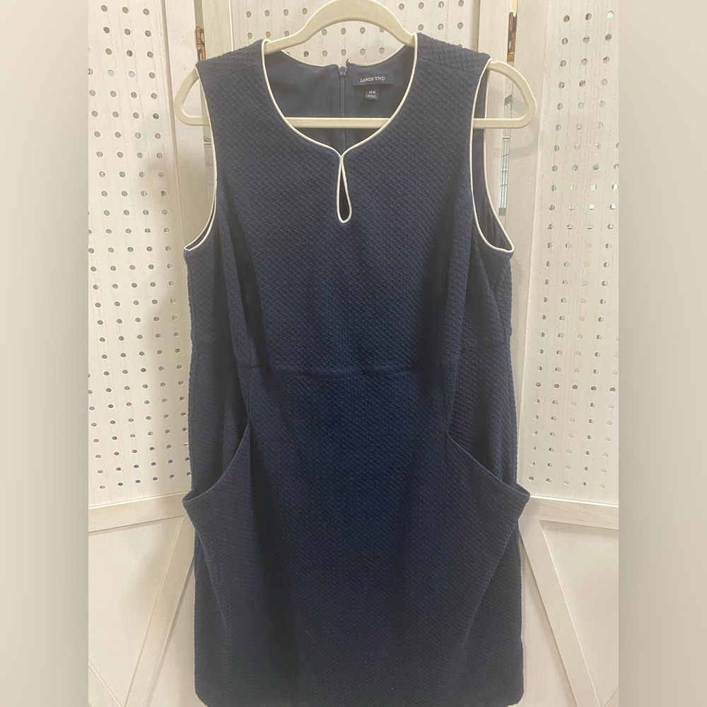 Lands' End Textured Navy Dress with White Accents